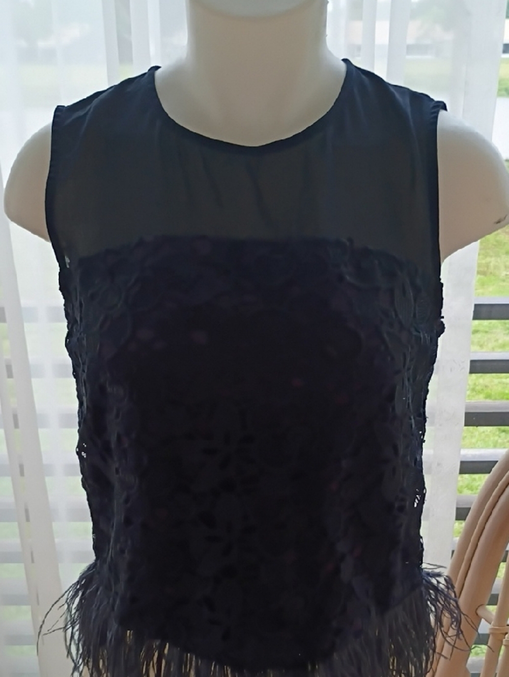 Greylin Dark Navy Lace & Sheer Sleeveless Top with Feather Trim